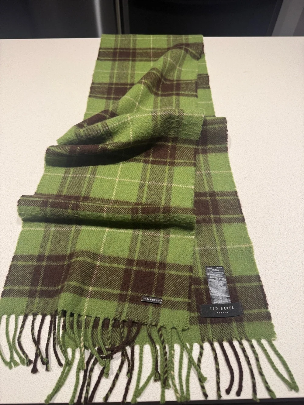 Ted Baker Green Plaid Scarf with Fringe